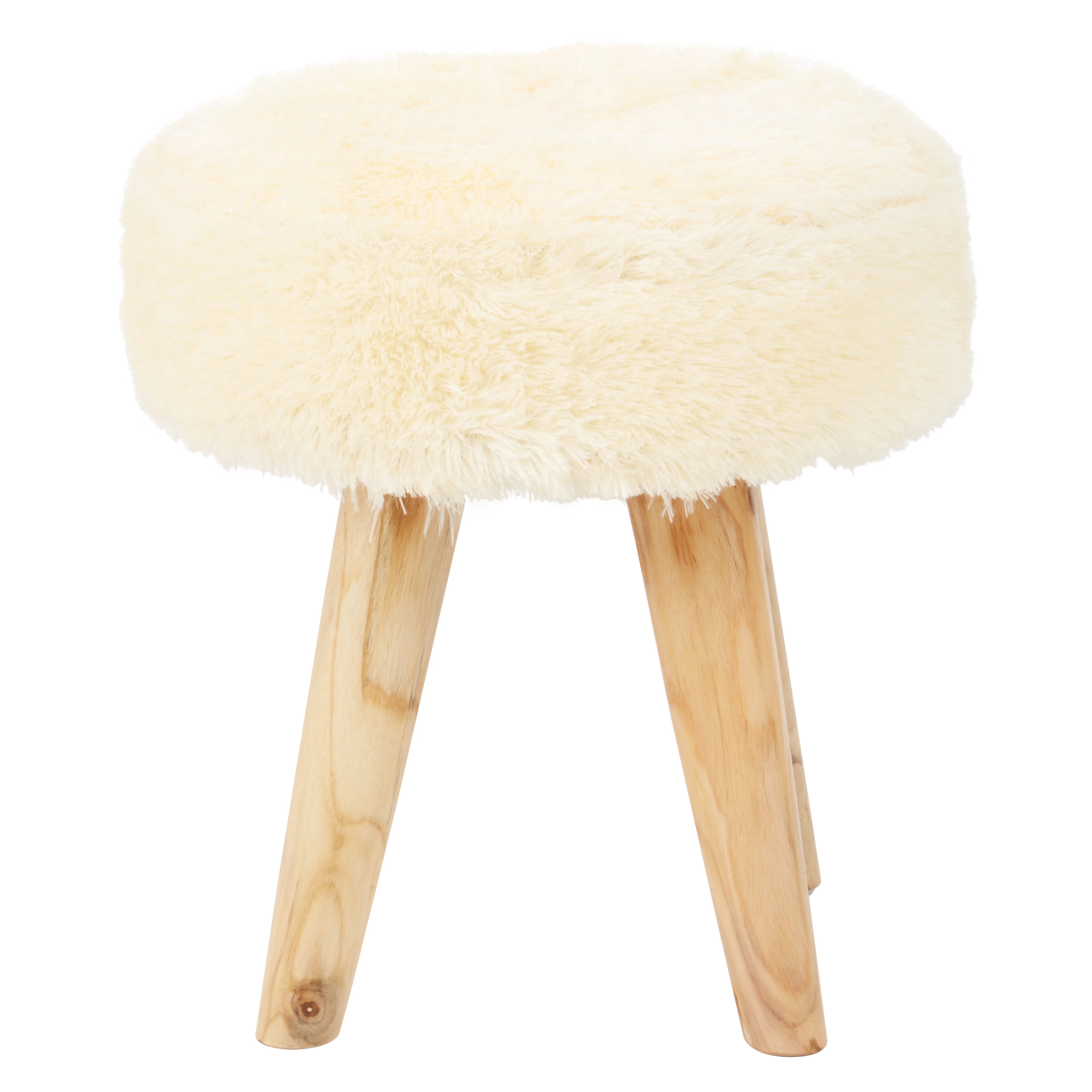 Fieldings Cream Faux Fur & Natural Teak Wood Stool